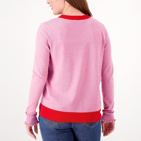 New Two Tone Button Front V-Neck Cardigan Sweater Pink Red Size Medium - Picture 2 of 15